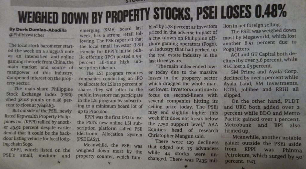 フィリピン_POGOの報道が不動産株式市場に影響！